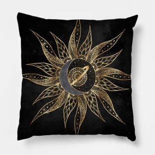 Modern Gold Sun Moon Planet Universe Mandala Pillow