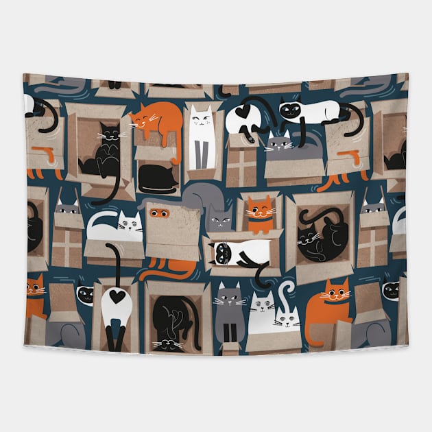 Purfect feline architecture // teal background cute cats in cardboard boxes Tapestry by SelmaCardoso