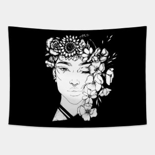 Pretty black and white ink floral girl tattoo art Tapestry