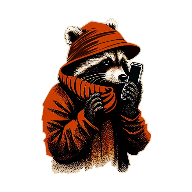 Raccoon on the Phone in Red Coat by TechNatura