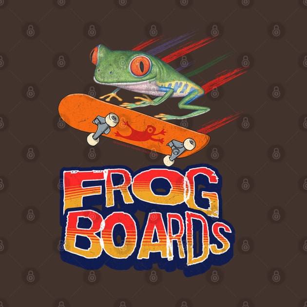 Cute and funny red eyed tree frog using a frog board to fly with leaping from skateboards tee by Danny Gordon Art