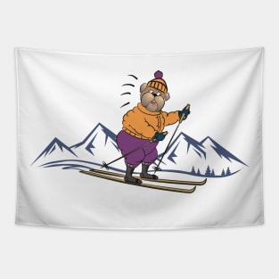 Cute Cartoon Dog Skiing in the Winter Mountains Tapestry
