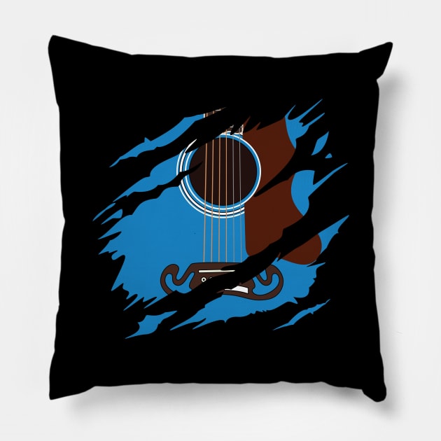 Ripped Acoustic Guitar Blue Color Pillow by nightsworthy