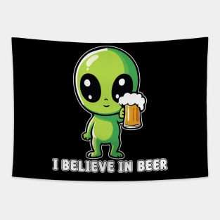 Cute alien with beer - I believe in beer Tapestry