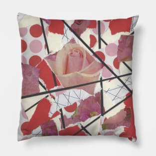 Polka Dots and Roses - Pink, Red, White, Black - Abstract Mixed Torn Paper Collage Pillow