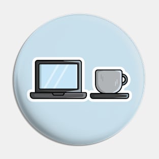 Laptop with Coffee Cup Sticker vector illustration. Technology and drink objects icon concept. Workspace with laptop and coffee cup vector sticker design with shadow. Pin