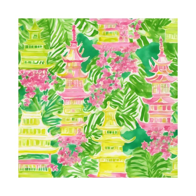 Yellow, pink and green pagodas, leaves and cherry blossom by SophieClimaArt