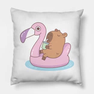 Cute Capybara Chilling On Pink Flamingo Pool Float Pillow