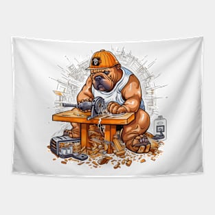 A Carpenter English Bulldog with a saw and sandpaper, carving a wooden sculpture of itself Tapestry