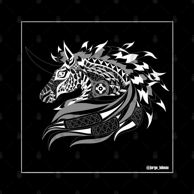 the unicorn horse in black art pattern in aztec ecopop wallpaper by jorge_lebeau