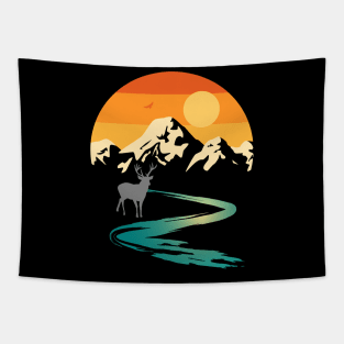 Sunset Mountain Stream with Deer Tapestry