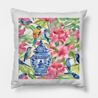 Chinoiserie jar, flowers and birds Pillow