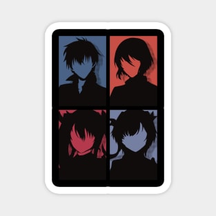 The Misfit of Demon King Academy or Maou Gakuin Anime Characters : Anos Voldigoad, Misha Necron, Sasha Necron, and Lay Glanzudlii in Minimalist Pop art Design Magnet