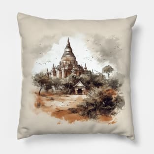 Illustration of Bagan, Myanmar. Tourists place Pillow