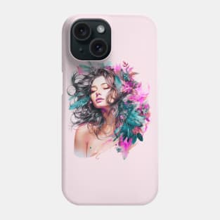 Boho Chic Goddess, Enchanting Feather Headdress Woman (Teal, Pink, and Gray) Phone Case