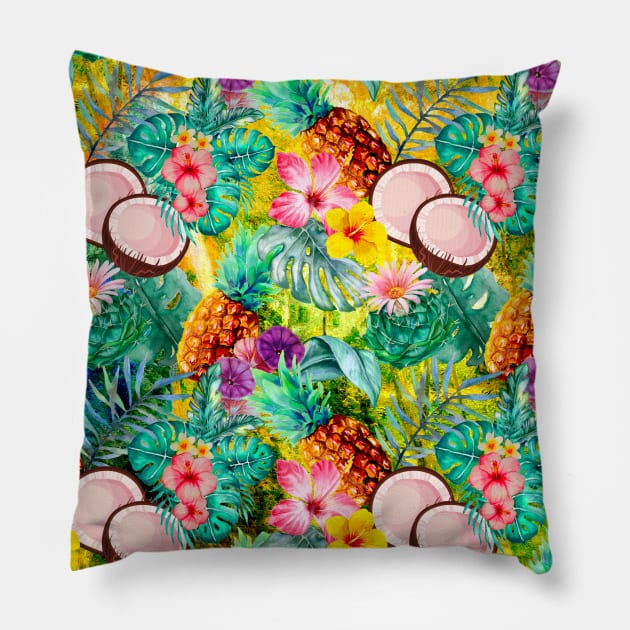 tropical pineapple exotic botanical illustration with floral tropical fruits, botanical pattern. yellow fruit pattern over a Pillow by Zeinab taha