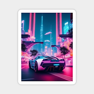 Dark Neon Sports Car in Asian Neon City Magnet