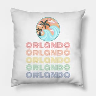 Vintage Retro Multi Color 70's Orlando Distressed Design with Ocean Waves Pillow