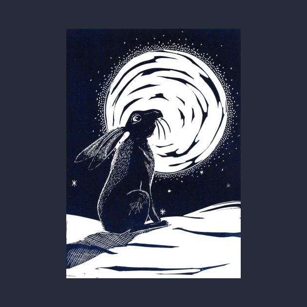 Disover Moon Gazing Hare in Winter Linocut - Hare - T-Shirt