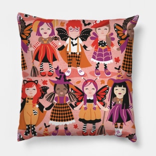 Witches dance // pattern // pink background red orange and berry pink halloween fantasy costumes Pillow