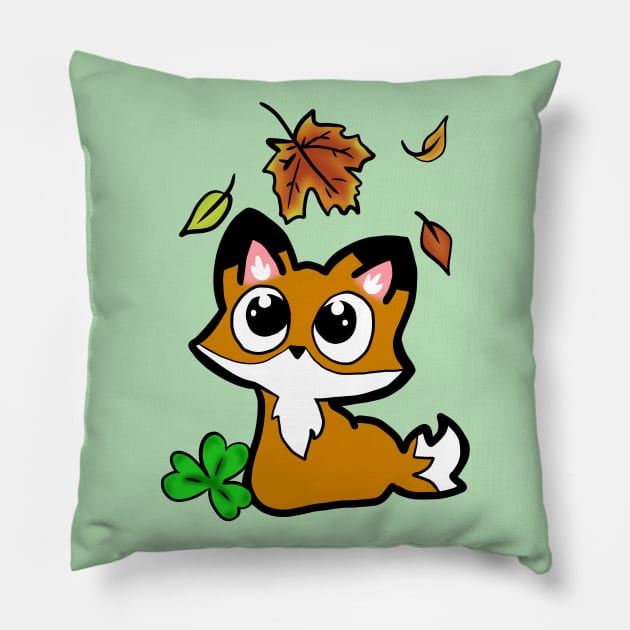 Cute Chibi Fox with Autumn Leaves Pillow by OceanicBrouhaha