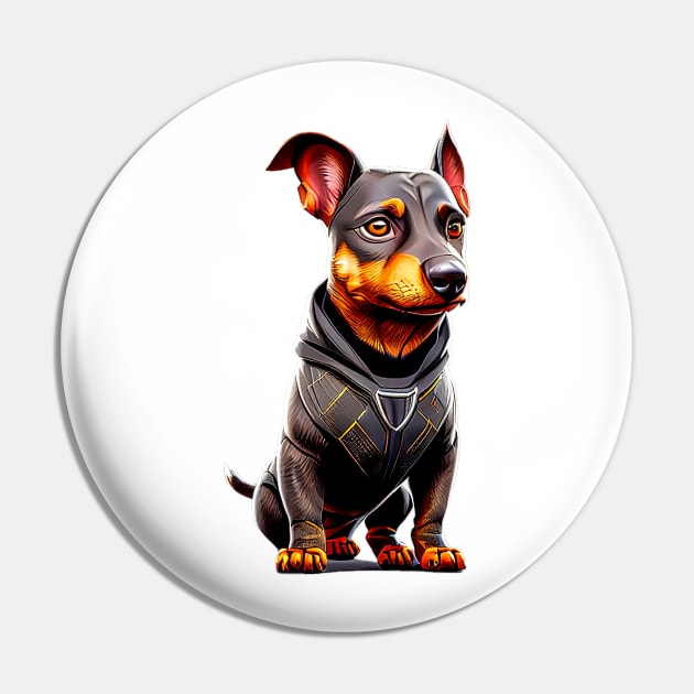 Futuristic Fido: Sleek Dachshund in Black and Silver Suit Tee Pin by fur-niche