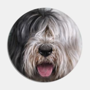 Close Up Painting of a Black and White English Sheep Dog on Blue Background Pin