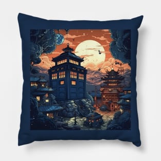 Illustration of realistic blue tardis in Japan on sunset Pillow