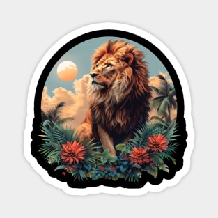 A Proud Lion Relaxes in the Evening Red Flowers In The Jungle The King of the Jungle Lion Magnet