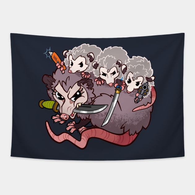 Armed Possums ~ Mama and Baby Opossums with Weapons Tapestry by CTKR Studio