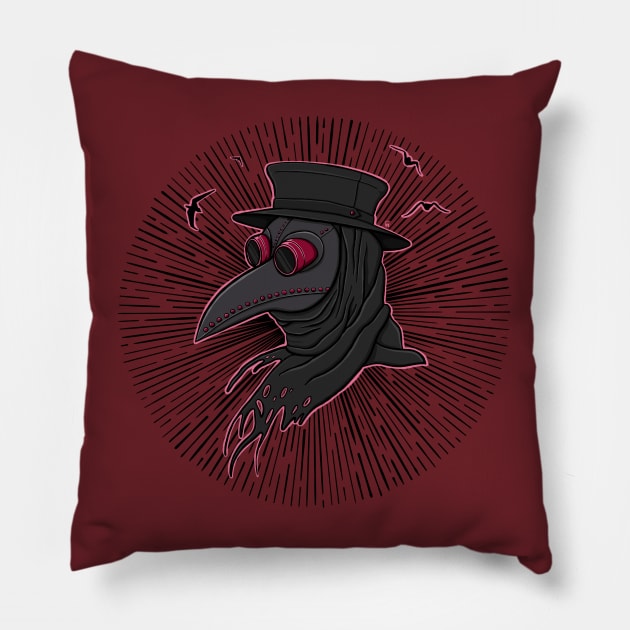 Pink Creepy Plague Doctor Steampunk Style Illustration Pillow by AlmightyClaire