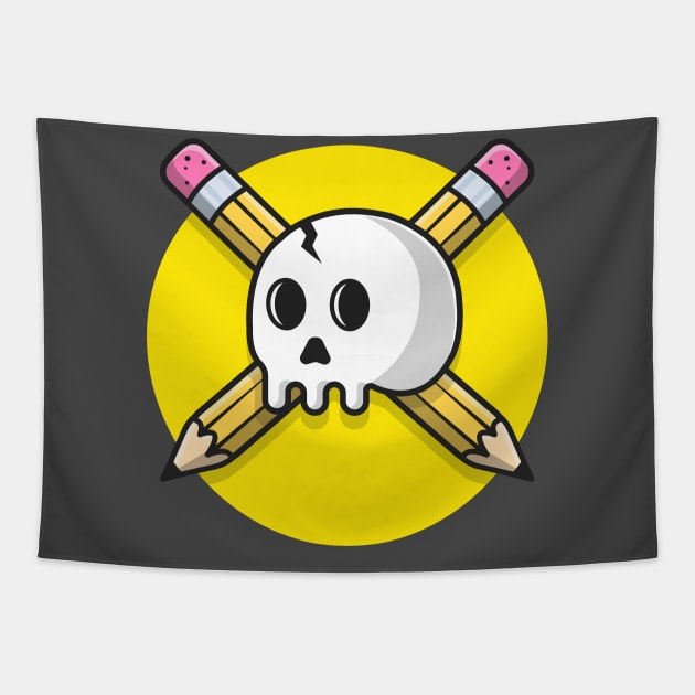 Skull And Cross Pencil Cartoon Vector Icon Illustration Tapestry by Catalyst Labs