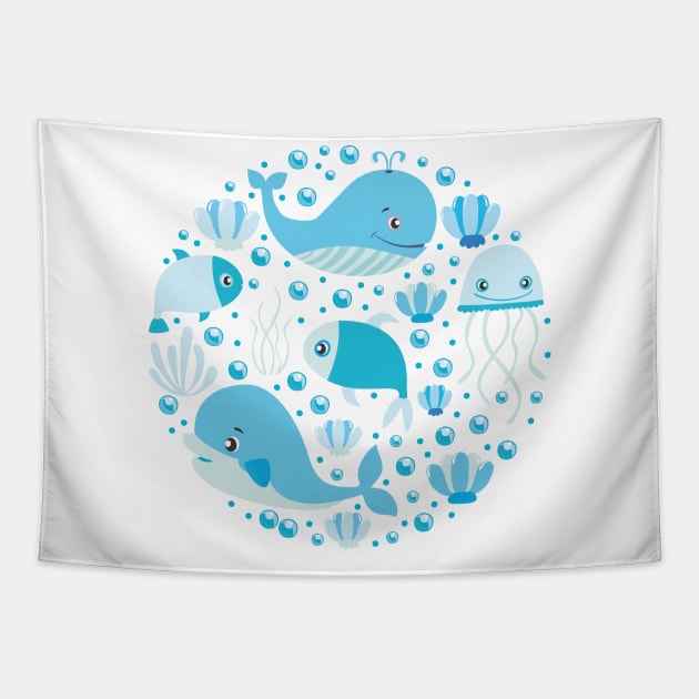 Blue Cartoon Whale Art Print Tapestry by MariaStore