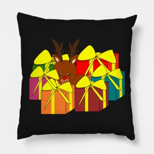 Cute reindeer hiding behind Christmas gifts Pillow