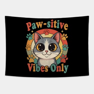 Paw-sitive Vibes Only -  Colorful Cat, Retro Sunset, Vintage, Stay Positve, Positive Thoughts, for Women, Girls, Teens, Tee, Tapestry