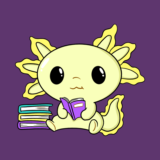 Cute Kawaii Yellow Axolotl Reading With Books by hypedesigns19