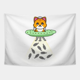 Funny orange Cat is flying a spaceship Tapestry