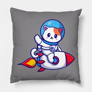 Cute Cat Astronaut Riding Rocket And Waving Hand Cartoon Pillow