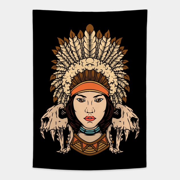 Native Indian Woman With Animal Skulls Tapestry by andhiika