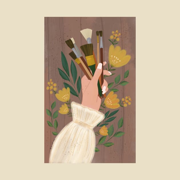 Woman's hand holding paint brushes surrounded by flowers by SanMade