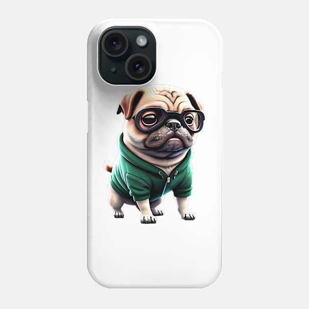 Muscular Pug Gym Trainer - Cute Pug with Green Hoodie Design Phone Case by fur-niche