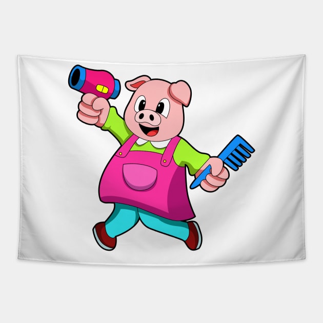 Pig as Hairdresser with Hair dryer & Comb Tapestry by Markus Schnabel