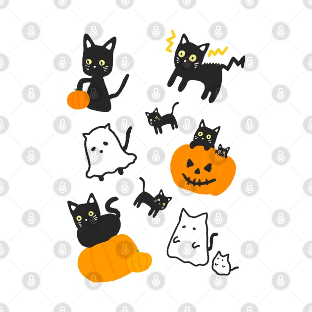 Halloween Black Cat and Pumpkin Ghost Kawaii Cute Anime Manga Logo Art by Marinaaa010