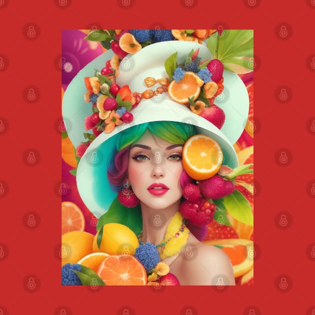 А woman with a white hat and some colorful fruity by CatCoconut-Art