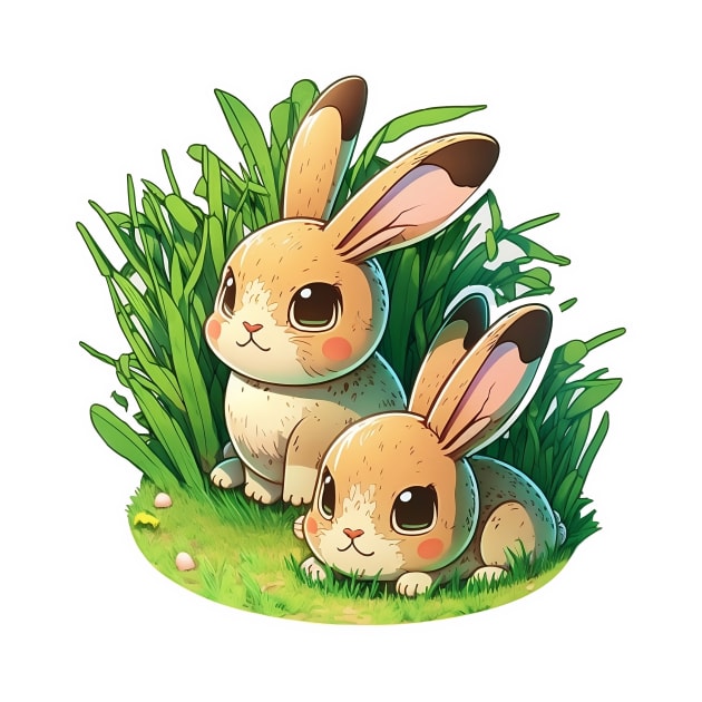 bunnies on grass - cartoon drawing by MK3