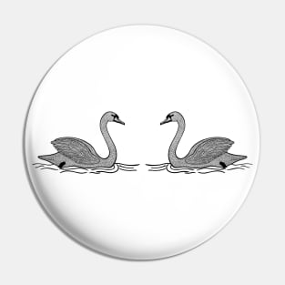 Swans in Love - black and white water bird drawing - on white Pin