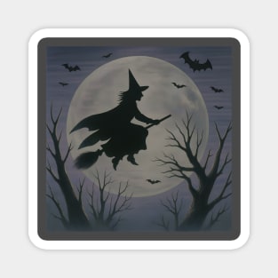 Halloween Witch Flying Across the Moon – Spooky Night Bats Silhouette Design Magnet