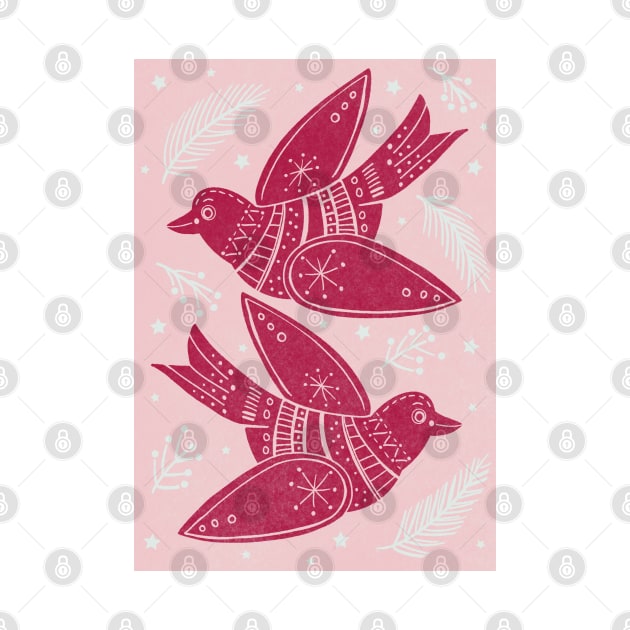 Pink Christmas Turtle Doves with holly and foliage Linoprint repeat pattern by NattyDesigns