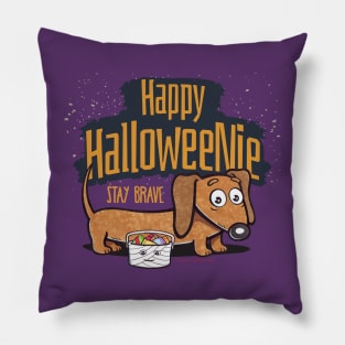 Funny scary Spooky Halloween Cute Doxie Dachshund Dog being Brave Halloweenie Doxy with Treats on a Spooky evening tee Pillow