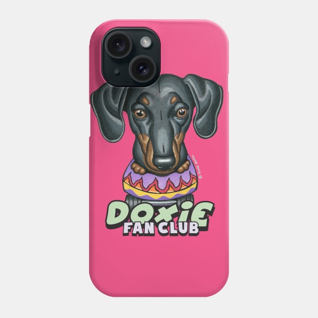 Cool skateboard Black Doxie Dachshund puppy on Purple Flame Skateboard Phone Case by Danny Gordon Art